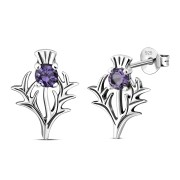 Amethyst CZ Thistle Stud Silver Earrings, e342